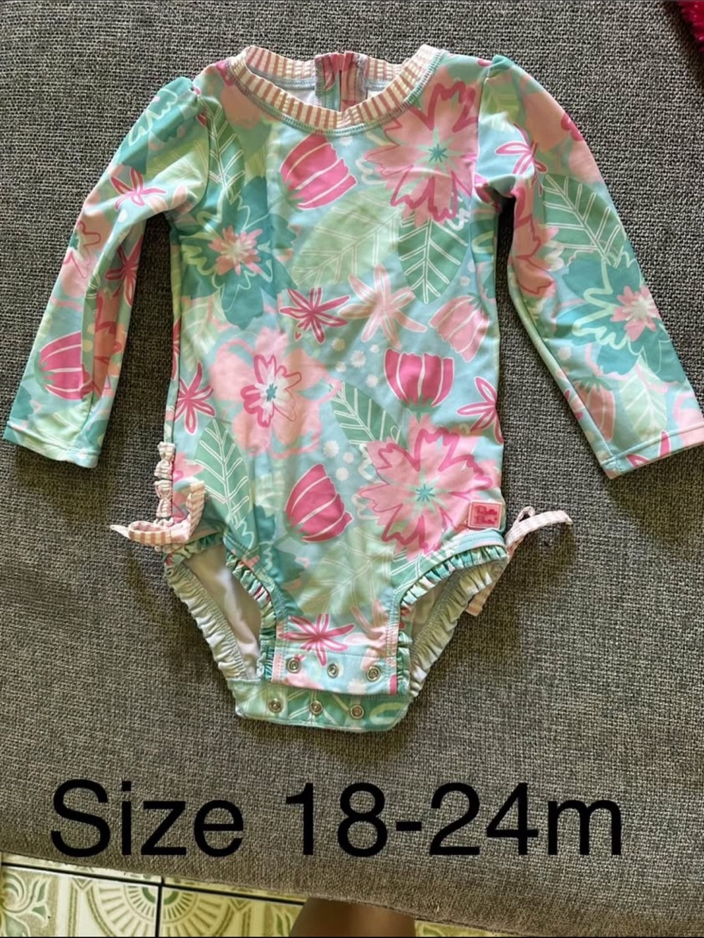 Ruffle Butts Floral Long-Sleeve Swim One-Piece - Pink & Teal